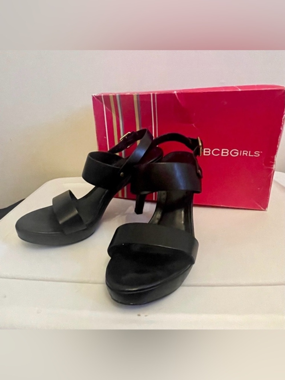 BCBGirls Rudy Black Leather Platform Heels Sz 8.5M | Sandals Stiletto Pumps